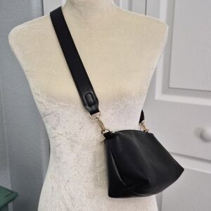 Anthropologie Black Vegan Leather Mini Crossbody Bag Wide Strap Gold Hardware